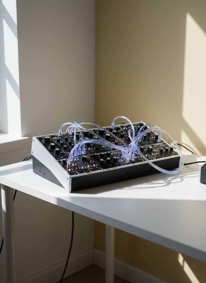 A high-fidelity modular synthesizer composed of brushed aluminum knobs, sleek matte black panels, and subtly illuminated patch cables, impeccably arranged on a crisp white workstation. The scene is set within a minimal, uncluttered studio space accented with soft white and muted yellow surfaces, evoking a sense of focused creativity. Gentle natural daylight pours in from a window out of frame, casting elegant shadows and creating a gradient of light across the equipment. The mood is sophisticated and contemplative, inviting exploration. Shot from an elevated, slightly off-center angle that highlights both the tactile hardware and the harmonious simplicity of the setting. The composition uses photographic realism with a refined minimalist aesthetic in tune with experimental music.
