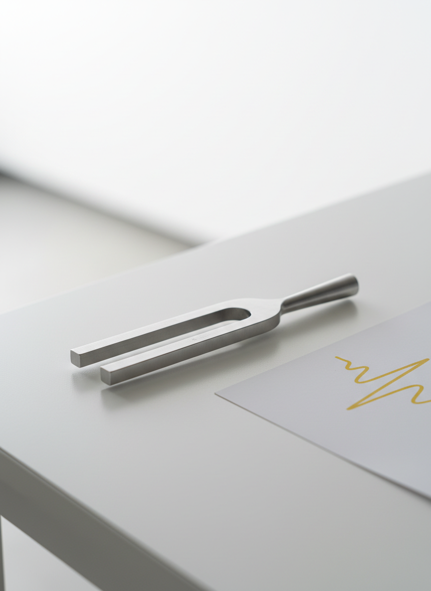 An elegant close-up of a solitary tuning fork with a subtle, brushed-metal finish, placed on a softly lit, matte white table. Nearby lies a minimalist yellow waveform print, partially in view, serving as a gentle nod to sound experimentation. The surrounding area is impeccably uncluttered, with only the faint outline of a white edge visible in the background. Subtle, side-mounted studio lighting brings out refined gradients on the tuning fork, casting an understated shadow, and creating a calm, sophisticated atmosphere. The macro composition is tight and dramatic, using shallow depth of field to blur the background and place complete visual emphasis on the experimental object. Minimalist photographic realism is paired with a sense of intellectual curiosity.
