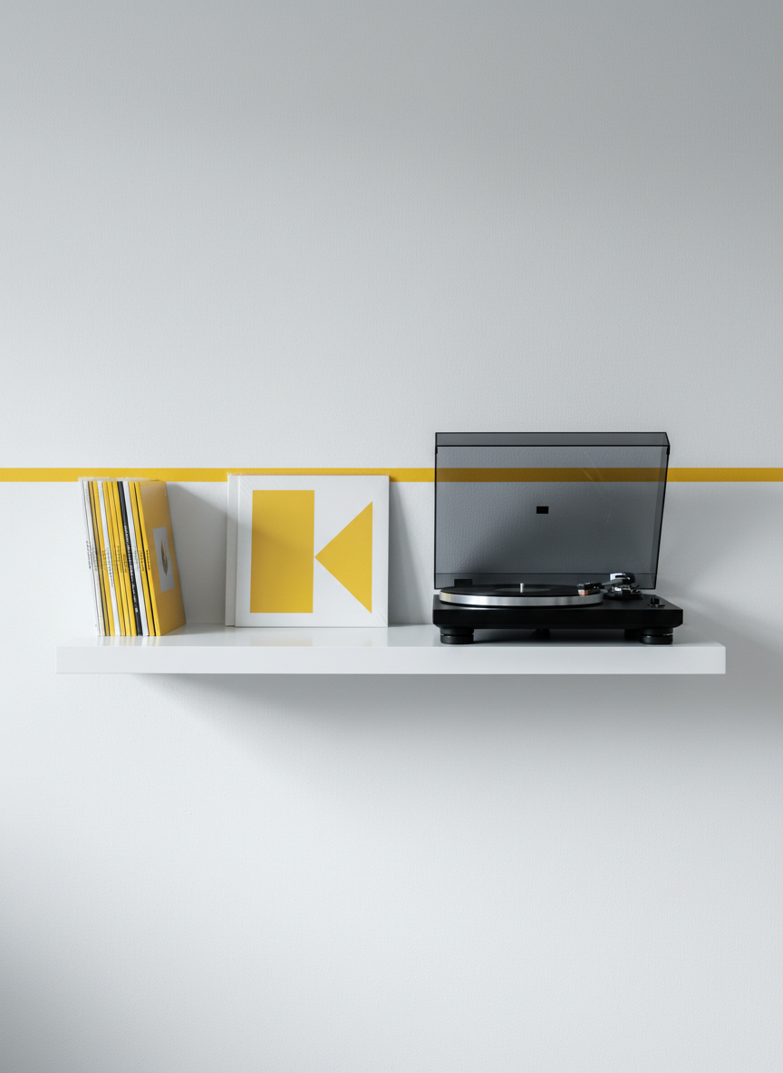 A meticulously arranged set of pristine vinyl records with abstract, minimalist yellow covers sits beside a sleek, matte-black turntable, both resting on a pure white floating shelf. The setting includes a faintly textured white wall and a single yellow accent stripe running horizontally, adding just a touch of color. Soft, indirect daylight filters in, producing gentle shadows under the turntable and highlighting the refined contours. The overall mood is tranquil and sophisticated, evoking a sense of quiet contemplation and modern artistic taste. Shot straight-on at eye level, the composition uses symmetrical balance and negative space to emphasize the minimalist, contemporary character fitting for an experimental music environment.