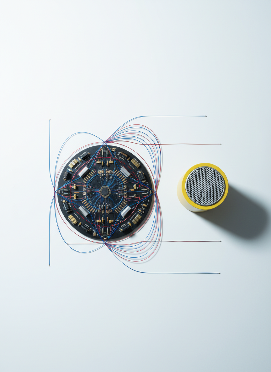 A stylized, top-down view of a minimal desktop audio workstation featuring a custom-built circuit board with precision-placed micro components, interlaced wires forming elegant geometric patterns, and a single minimalist yellow speaker. The environment consists of a flawless white desktop with faint, barely-there gradients, surrounded by empty negative space that draws focus to the composition. Cool, soft-white overhead lighting imparts clean highlights and subtle tonal variations to the electronic surfaces. The ambience is futuristic yet approachable, communicating innovation without clutter. The camera angle is strictly overhead, creating an abstract, almost architectural feel. Photographic minimalism and fine detail celebrate the artistry of experimental sound creation.