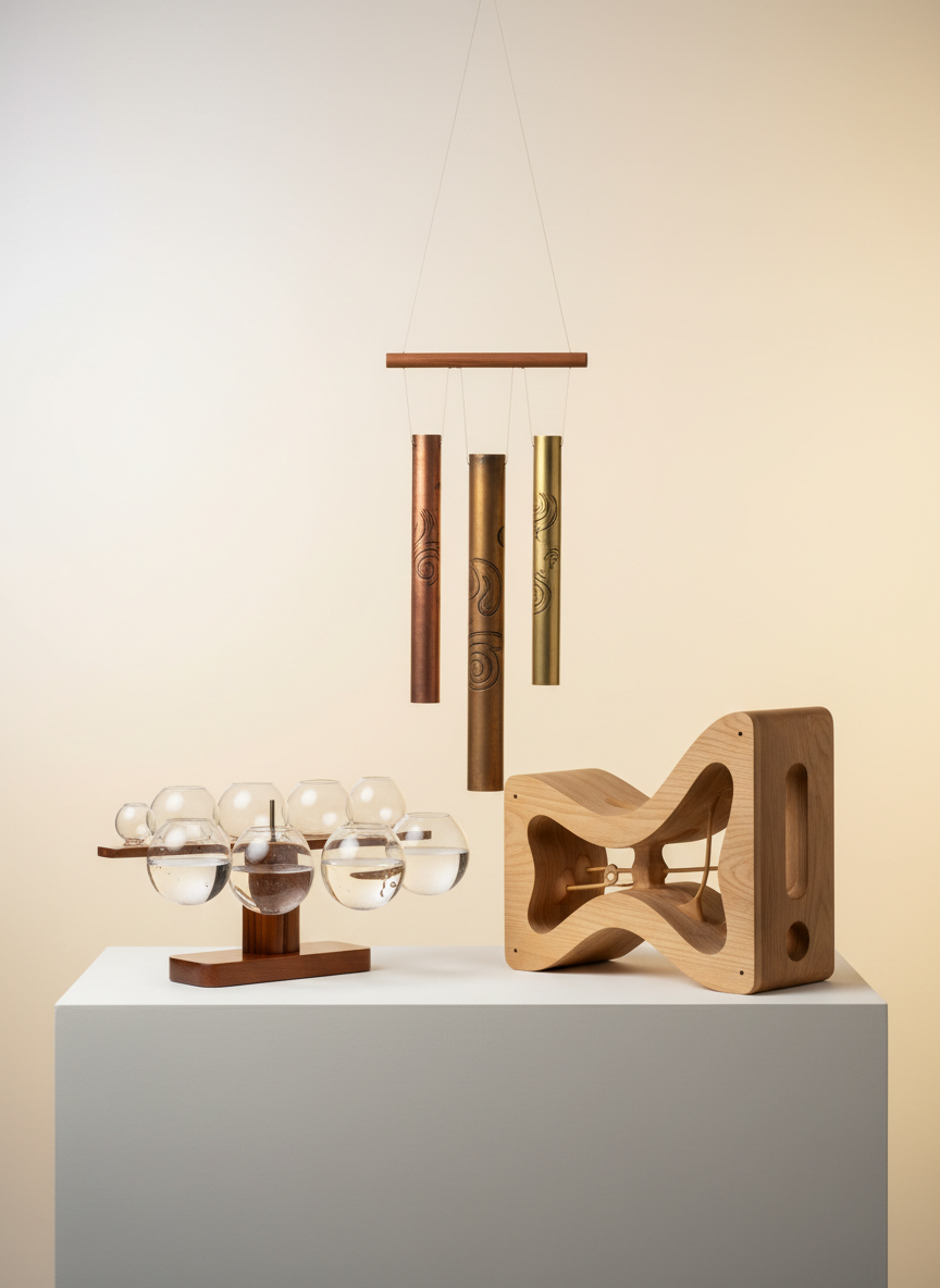 A collection of experimental musical instruments including a glass harmonica, hand-etched metallic chimes, and a sculpted wooden sound box, arranged gracefully atop a smooth white plinth. The background consists of a seamless, softly gradient backdrop transitioning from warm white to pale yellow, enhancing the minimal aesthetic. Soft diffused studio lighting brings out the muted palette, subtle gloss on glass, and natural grain of wood, while eliminating harsh shadows. The atmosphere is serene, refined, and quietly avant-garde. Captured at eye-level using the rule of thirds to balance objects within negative space, the image exudes photographic realism and understated elegance, perfectly suited for a contemporary experimental music site.