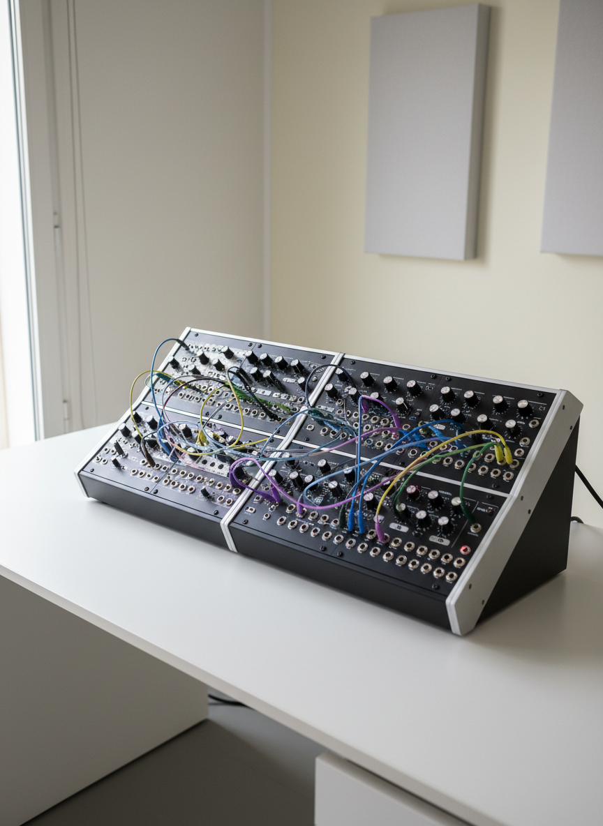 A high-fidelity modular synthesizer composed of brushed aluminum knobs, sleek matte black panels, and subtly illuminated patch cables, impeccably arranged on a crisp white workstation. The scene is set within a minimal, uncluttered studio space accented with soft white and muted yellow surfaces, evoking a sense of focused creativity. Gentle natural daylight pours in from a window out of frame, casting elegant shadows and creating a gradient of light across the equipment. The mood is sophisticated and contemplative, inviting exploration. Shot from an elevated, slightly off-center angle that highlights both the tactile hardware and the harmonious simplicity of the setting. The composition uses photographic realism with a refined minimalist aesthetic in tune with experimental music.